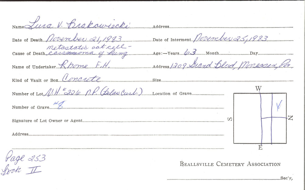 Lura V. Bradowiecki burial card